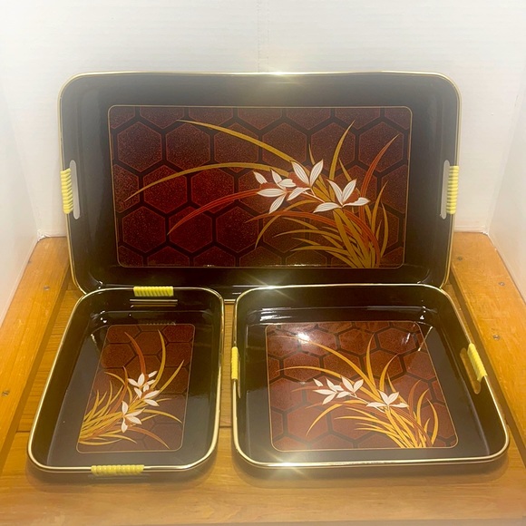 Vintage-1984  3 Piece "Lacquerware" Nesting Trays  Black - Picture 1 of 12